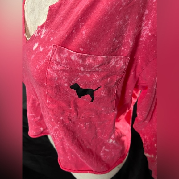 VS Love Pink Bleach Dyed Cut Out Crop Long Sleeve Pink Cotton Top Small Dog Logo - Picture 5 of 8